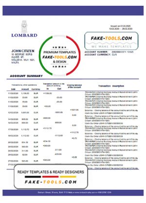 Malta Lombard Bank Malta p.l.c bank statement template in Word and PDF format