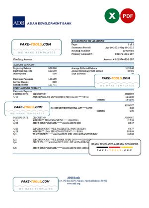 Marshall Islands ADB bank statement Excel and PDF template Marshall Islands ADB bank statement Excel and PDF template