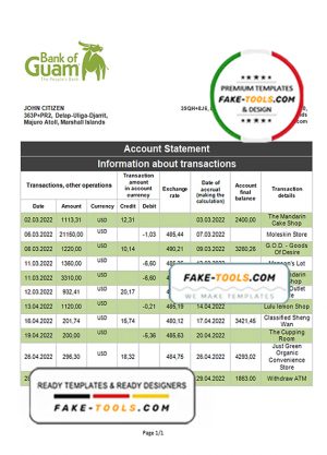 Marshall Islands Bank of Guam bank statement template in Word and PDF format Marshall Islands Bank of Guam bank statement template in Word and PDF format