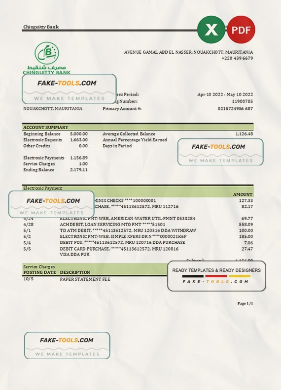 Mauritania Chinguitty bank statement Excel and PDF template Mauritania Chinguitty bank statement Excel and PDF template