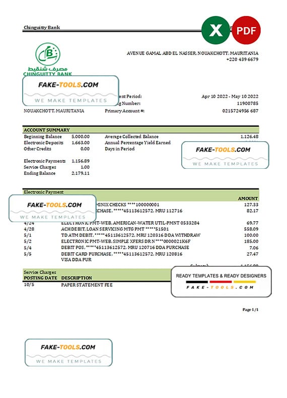 Mauritania Chinguitty bank statement Excel and PDF template Mauritania Chinguitty bank statement Excel and PDF template