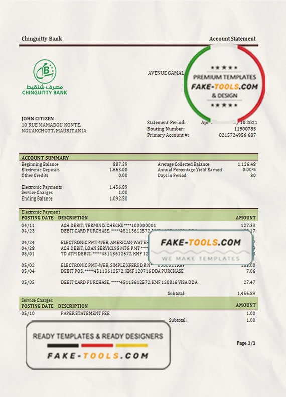 Mauritania Chinguitty bank statement template in Word and PDF format Mauritania Chinguitty bank statement template in Word and PDF format