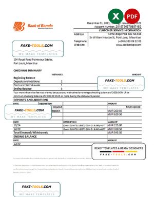 Mauritius Bank of Baroda bank statement Excel and PDF template Mauritius Bank of Baroda bank statement Excel and PDF template