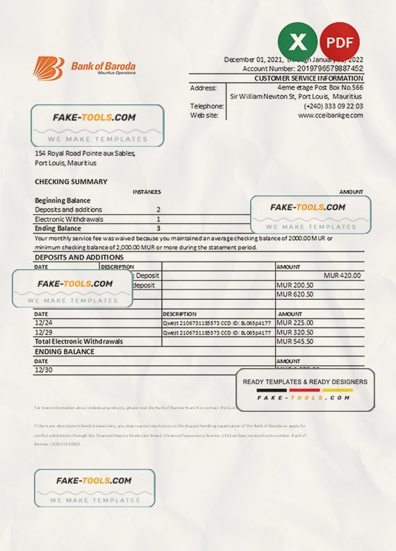 Mauritius Bank of Baroda bank statement Excel and PDF template Mauritius Bank of Baroda bank statement Excel and PDF template