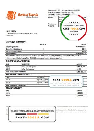Mauritius Bank of Boroda bank statement template in Word and PDF format Mauritius Bank of Boroda bank statement template in Word and PDF format