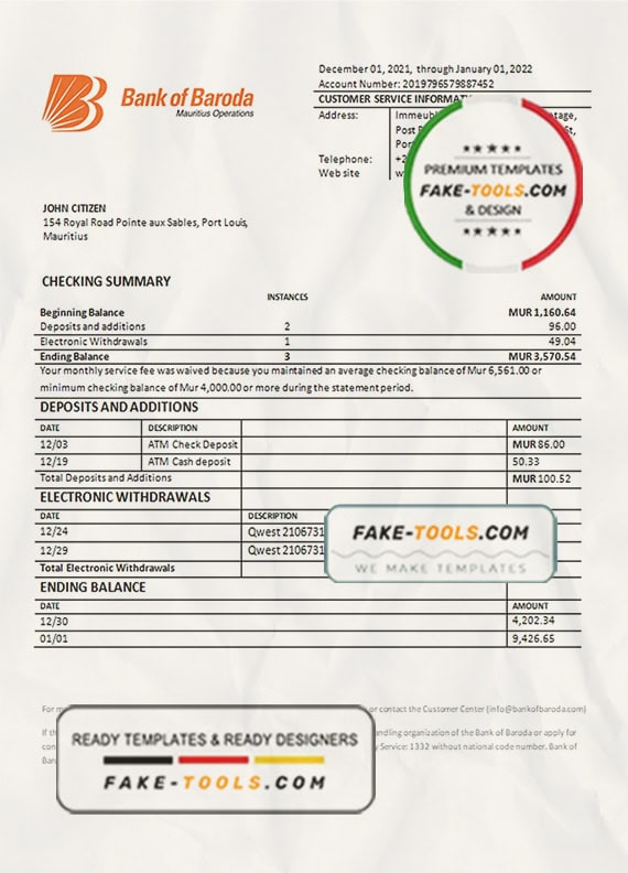 Mauritius Bank of Boroda bank statement template in Word and PDF format Mauritius Bank of Boroda bank statement template in Word and PDF format