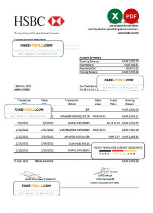 Mauritius HSBC bank statement Excel and PDF template Mauritius HSBC bank statement Excel and PDF template