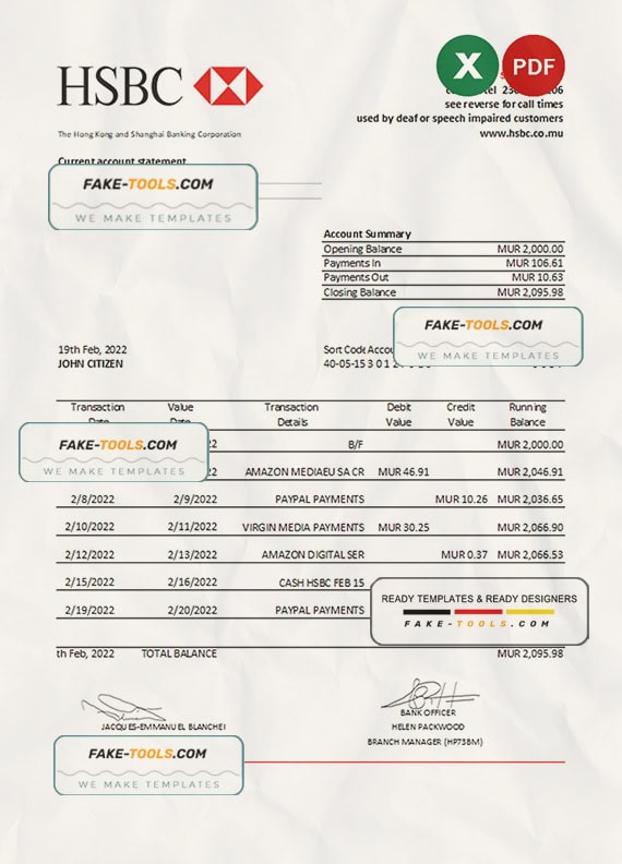 Mauritius HSBC bank statement Excel and PDF template Mauritius HSBC bank statement Excel and PDF template