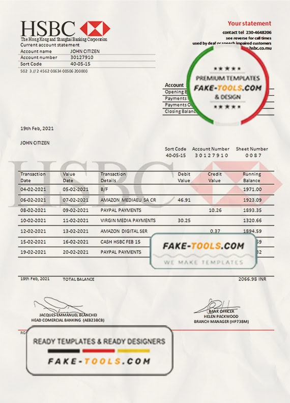 Mauritius HSBC bank statement template in Word and PDF format Mauritius HSBC bank statement template in Word and PDF format