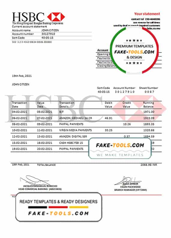Mauritius HSBC bank statement template in Word and PDF format Mauritius HSBC bank statement template in Word and PDF format