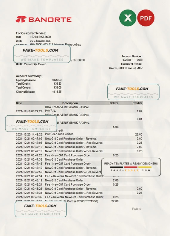 Mexico Banorte bank statement Excel and PDF template Mexico Banorte bank statement Excel and PDF template