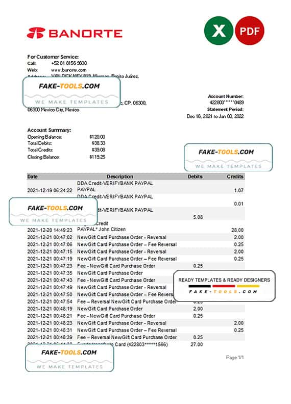 Mexico Banorte bank statement Excel and PDF template Mexico Banorte bank statement Excel and PDF template