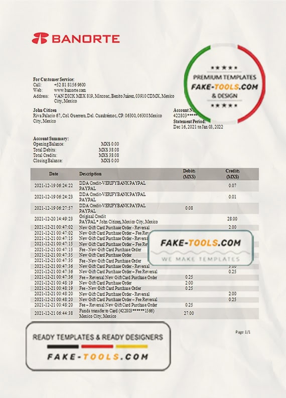 Mexico Banorte bank statement template in Word and PDF format Mexico Banorte bank statement template in Word and PDF format