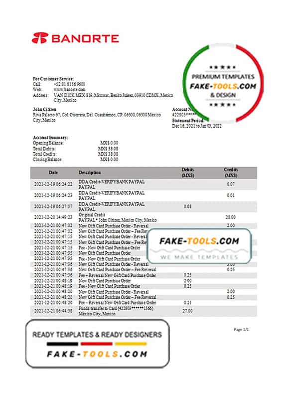 Mexico Banorte bank statement template in Word and PDF format Mexico Banorte bank statement template in Word and PDF format