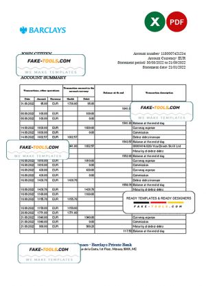 Monaco Barclays Private bank statement Excel and PDF template Monaco Barclays Private bank statement Excel and PDF template