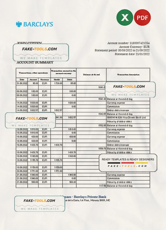 Monaco Barclays Private bank statement Excel and PDF template Monaco Barclays Private bank statement Excel and PDF template