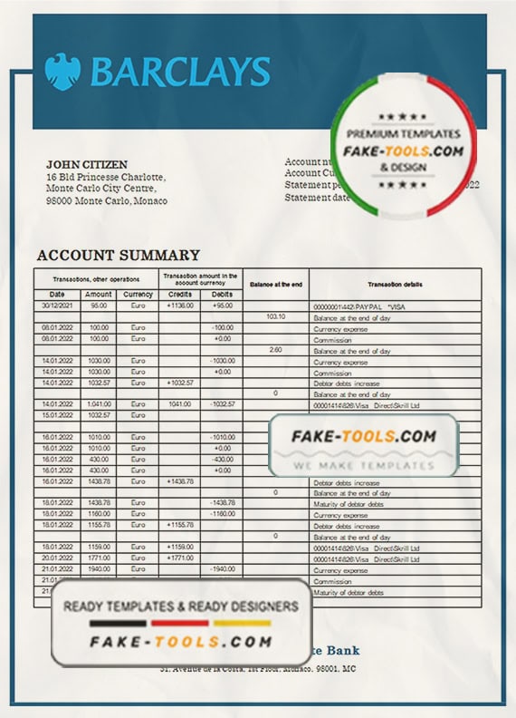 Monaco Barclays Private Bank statement easy to fill template in Word and PDF format Monaco Barclays Private Bank statement easy to fill template in Word and PDF format