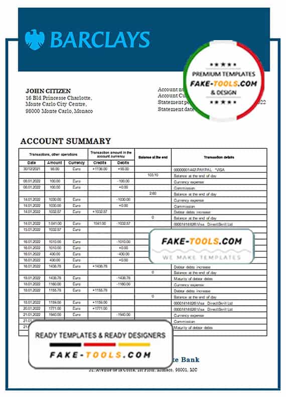 Monaco Barclays Private Bank statement easy to fill template in Word and PDF format Monaco Barclays Private Bank statement easy to fill template in Word and PDF format