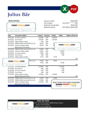 Monaco Julius Bar bank statement Excel and PDF template