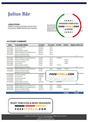 Monaco Julius Bar bank statement easy to fill template in Word and PDF format
