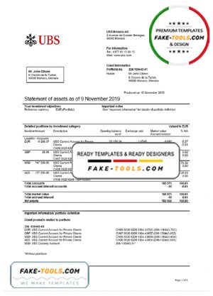 Monaco UBS bank proof of address statement template in Word and PDF format (.doc and .pdf)