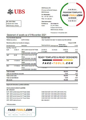 Monaco UBS Bank statement easy to fill template in Excel and PDF file format