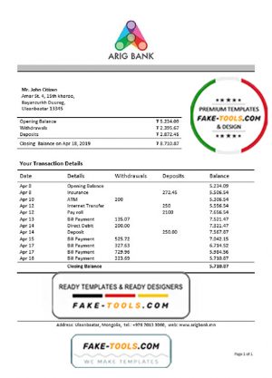 Mongolia Arig Bank proof of address statement template in Word and PDF format