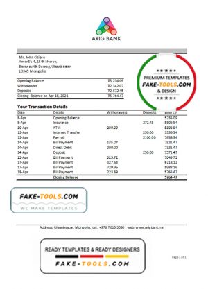 Mongolia Arig Bank statement easy to fill template in .xls and .pdf file format