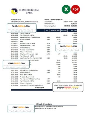 Mongolia Chinggis Khaan bank Excel and PDF template