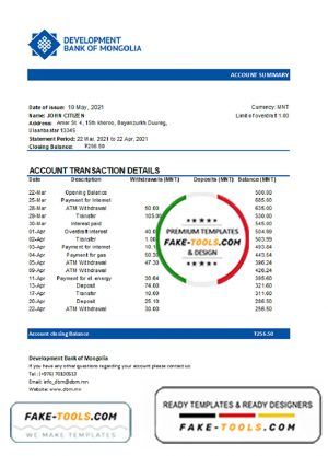Mongolia Development Bank of Mongolia bank statement easy to fill template in .xls and .pdf file format