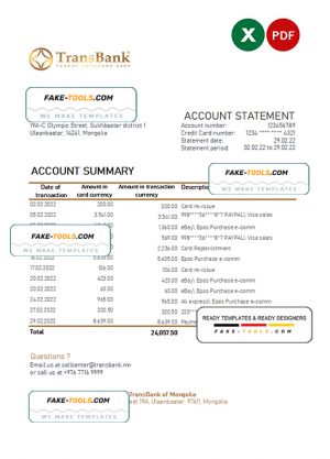 Mongolia Transbank bank statement Excel and PDF template