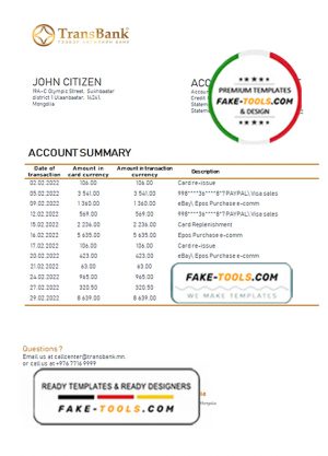 Mongolia Transbank bank statement template in Word and PDF format