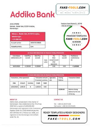 Montenegro Addiko Bank proof of address statement template in Word and PDF format, .doc and .pdf format