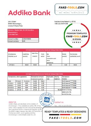 Montenegro Addiko Bank statement easy to fill template in .xls and .pdf file format