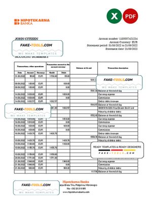 Montenegro Hipotekarna bank statement Excel and PDF template
