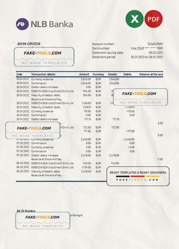 Montenegro NLB bank statement Excel and PDF template Montenegro NLB bank statement Excel and PDF template