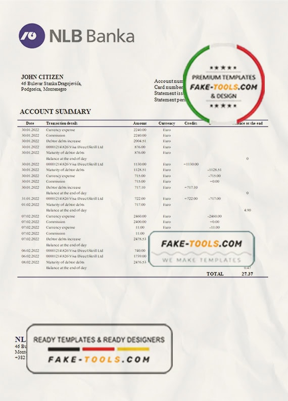 Montenegro NLB Bank statement template, Word and PDF format (.doc and .pdf) Montenegro NLB Bank statement template, Word and PDF format (.doc and .pdf)