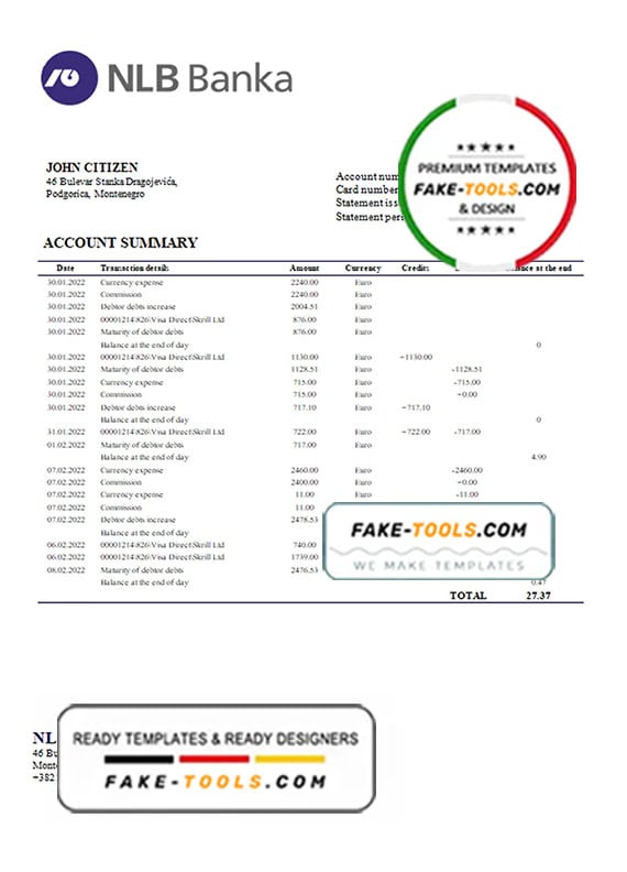 Montenegro NLB Bank statement template, Word and PDF format (.doc and .pdf) Montenegro NLB Bank statement template, Word and PDF format (.doc and .pdf)