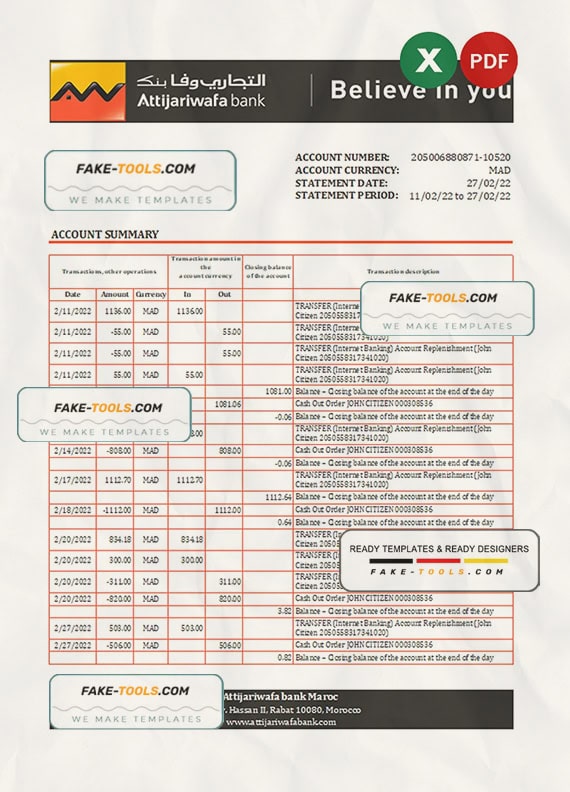 Morocco Attijariwafa bank statement Excel and PDF template Morocco Attijariwafa bank statement Excel and PDF template