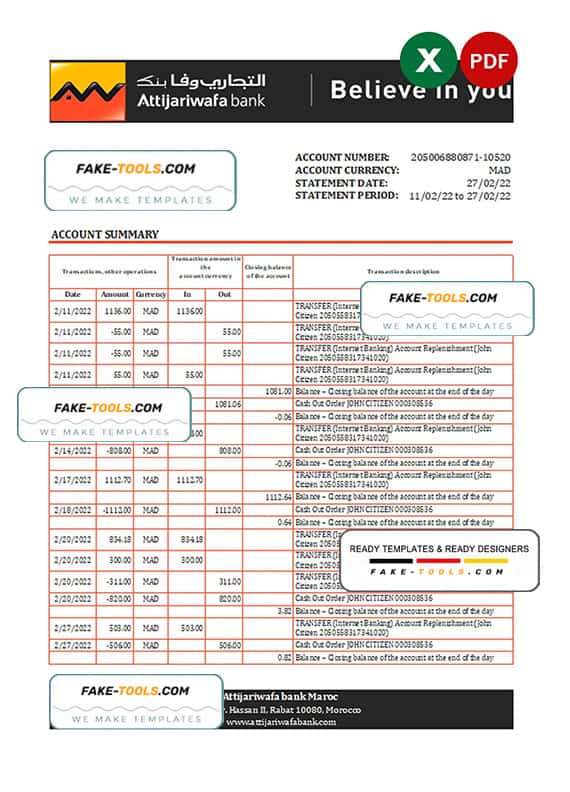 Morocco Attijariwafa bank statement Excel and PDF template Morocco Attijariwafa bank statement Excel and PDF template