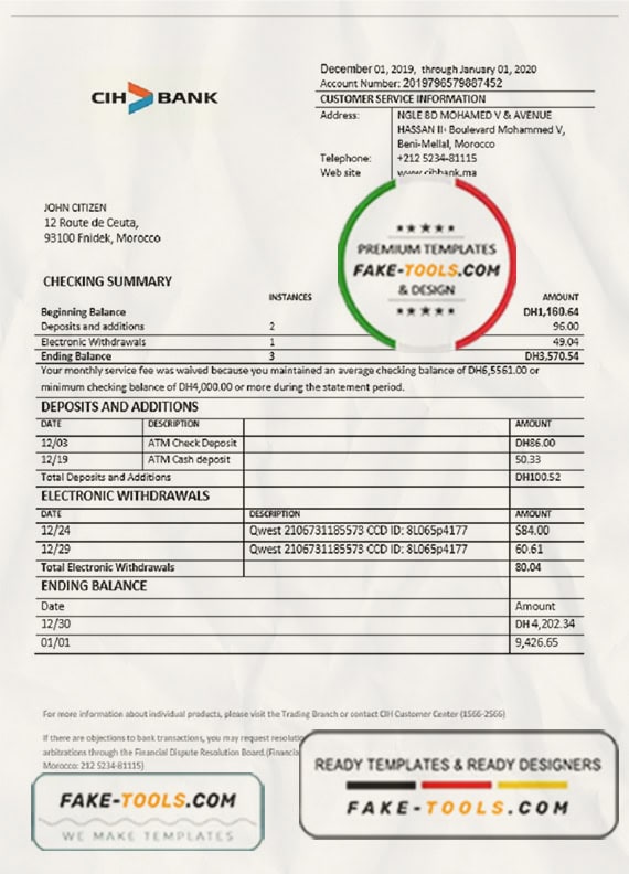 Morocco CIH bank proof of address statement template in Word and PDF format Morocco CIH bank proof of address statement template in Word and PDF format