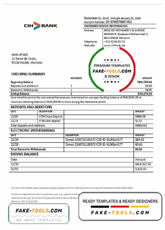 Morocco CIH bank proof of address statement template in Word and PDF format Morocco CIH bank proof of address statement template in Word and PDF format