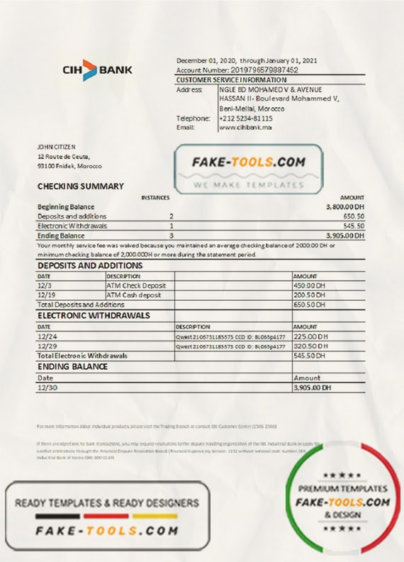Morocco CIH Bank statement easy to fill template in Excel and PDF format Morocco CIH Bank statement easy to fill template in Excel and PDF format