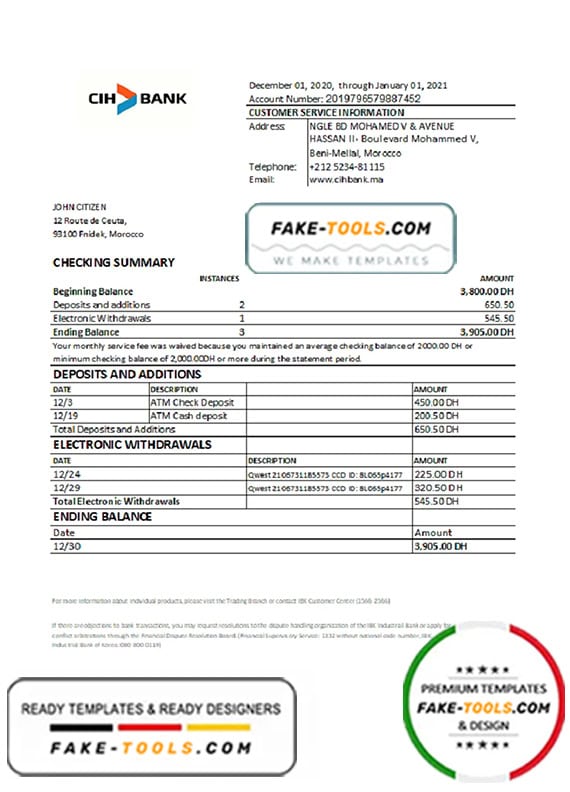 Morocco CIH Bank statement easy to fill template in Excel and PDF format Morocco CIH Bank statement easy to fill template in Excel and PDF format