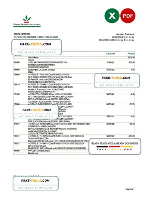 Morocco Credit Agricole bank statement Excel and PDF template Morocco Credit Agricole bank statement Excel and PDF template