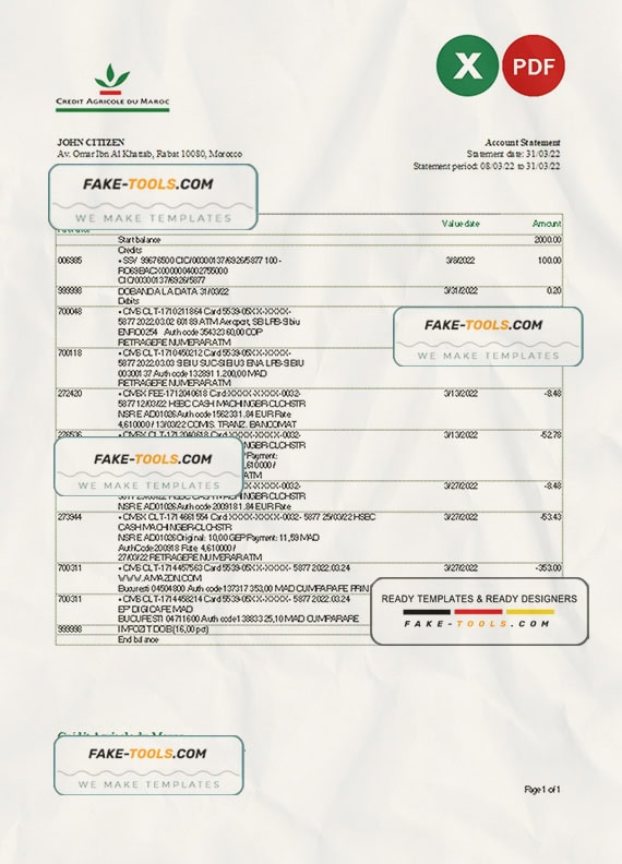 Morocco Credit Agricole bank statement Excel and PDF template Morocco Credit Agricole bank statement Excel and PDF template