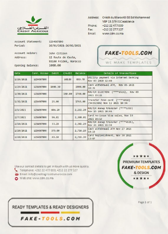 Morocco Credit Agricole Bank statement template in Excel and PDF format Morocco Credit Agricole Bank statement template in Excel and PDF format