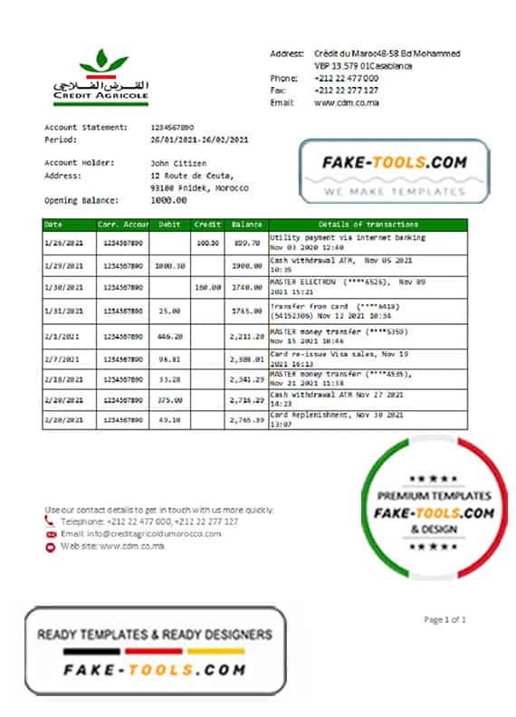 Morocco Credit Agricole Bank statement template in Excel and PDF format Morocco Credit Agricole Bank statement template in Excel and PDF format