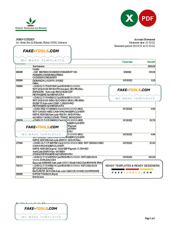 Morocco Credit Agricole bank statement Excel and PDF template Morocco Credit Agricole bank statement Excel and PDF template