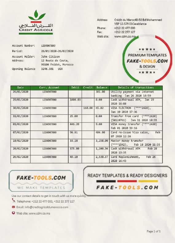 Morocco Credit Agricole bank statement template in Word and PDF format, good for address prove Morocco Credit Agricole bank statement template in Word and PDF format, good for address prove